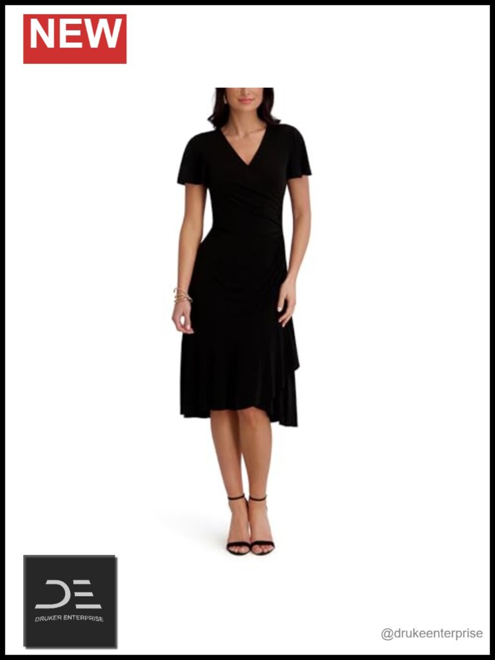 Kensie Faux Wrap Midi Dress Short Flutter Sleeve V-Neck Casual